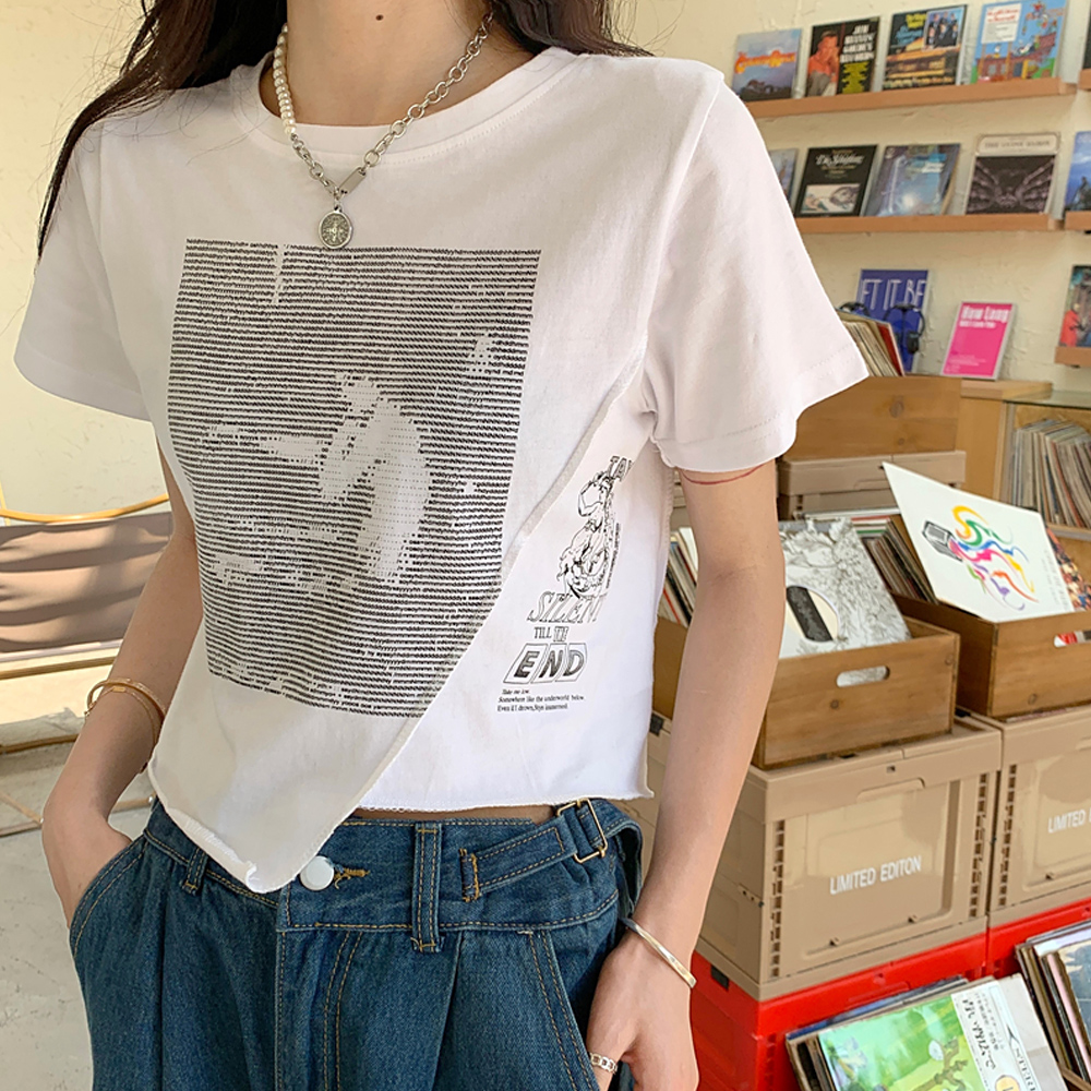 [NU317]텍스티 언발 슬릿 크롭티셔츠