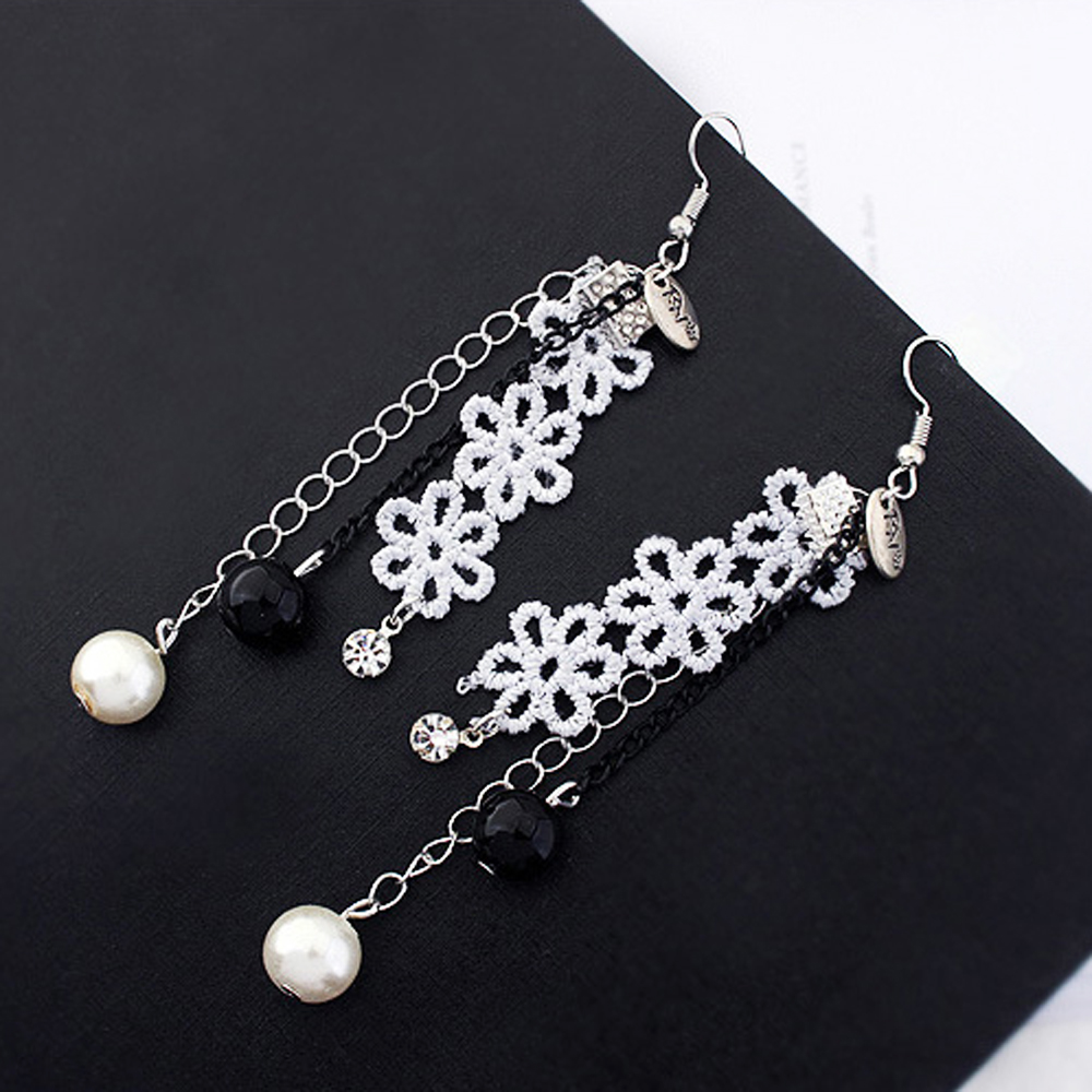 [ER122]플라워 자수 패턴 롱 체인 귀걸이