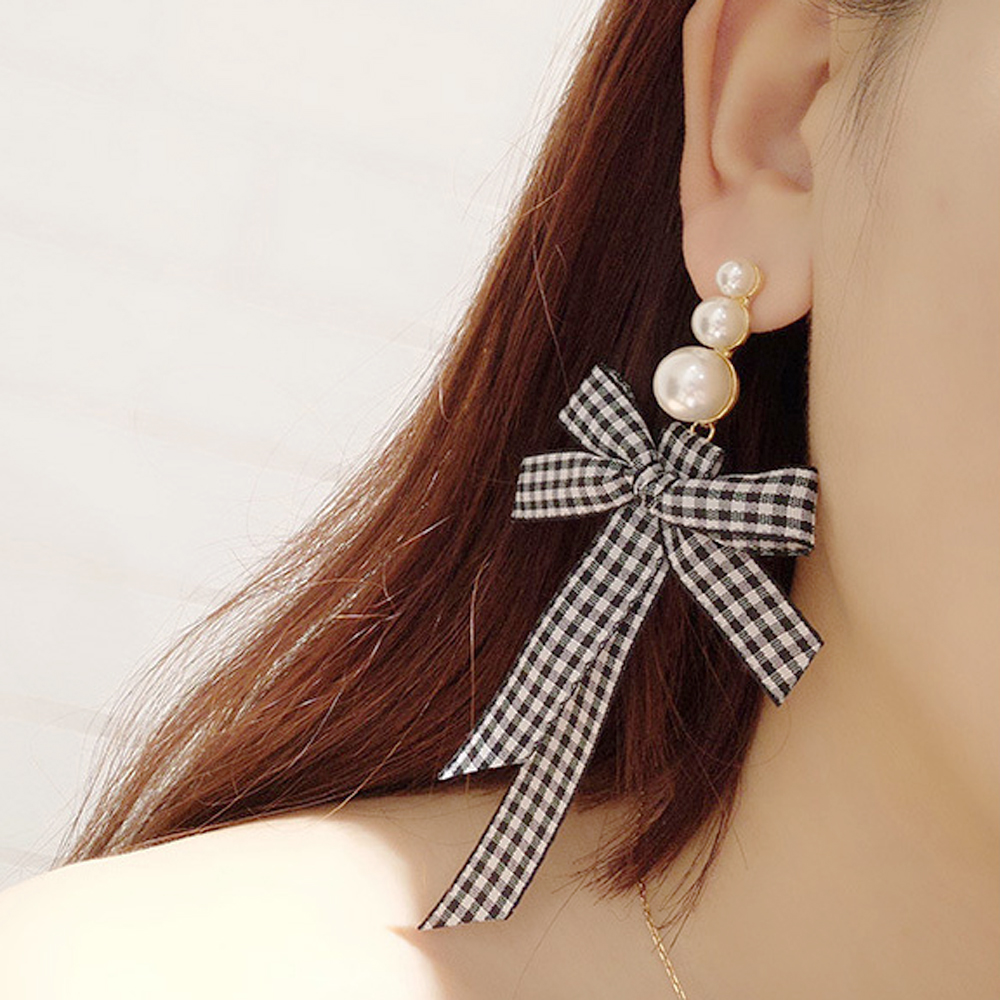 [ER407]하운드 체크무늬 리본 귀걸이