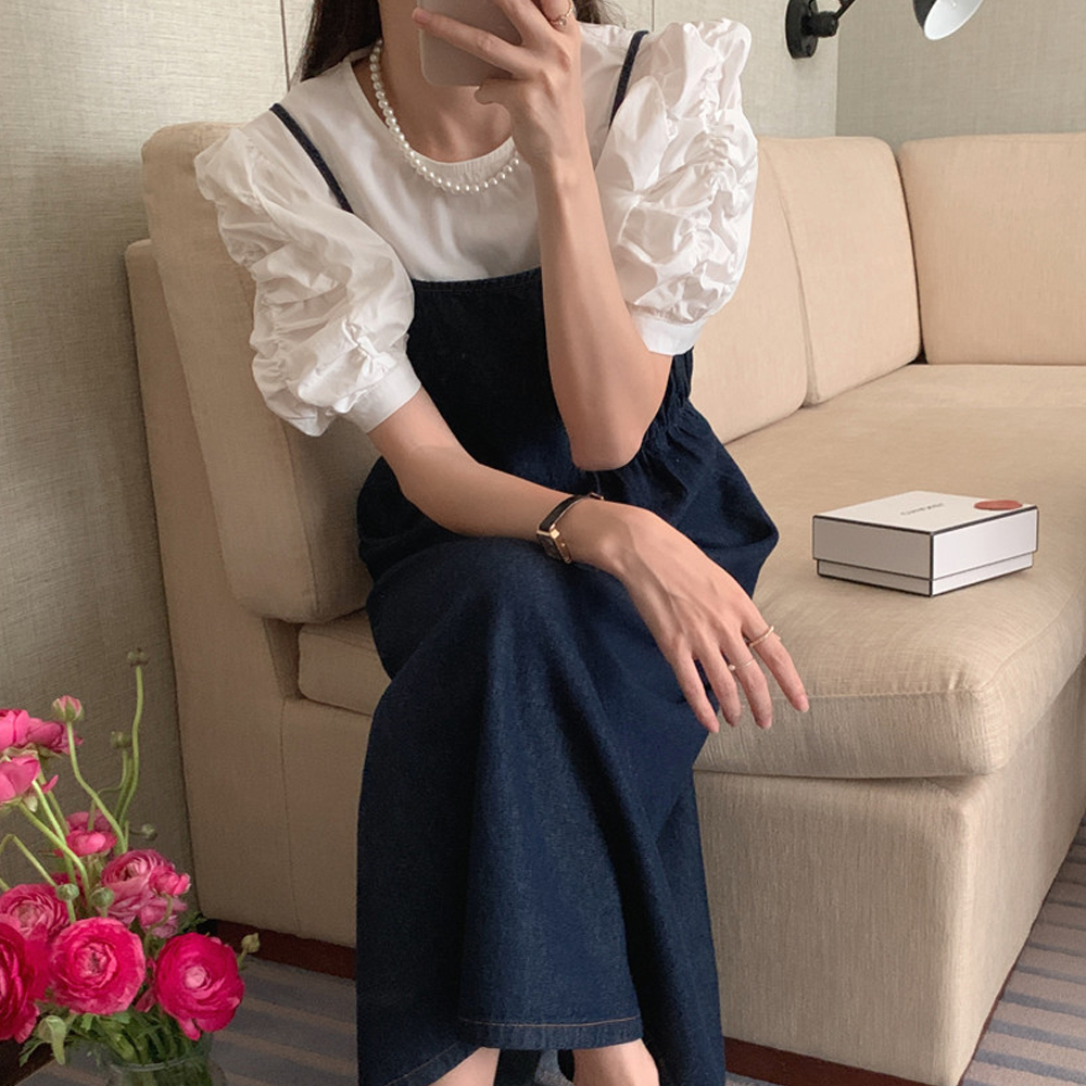 [AB321]샤이 블라우스+데님 뷔스티에 롱원피스  set