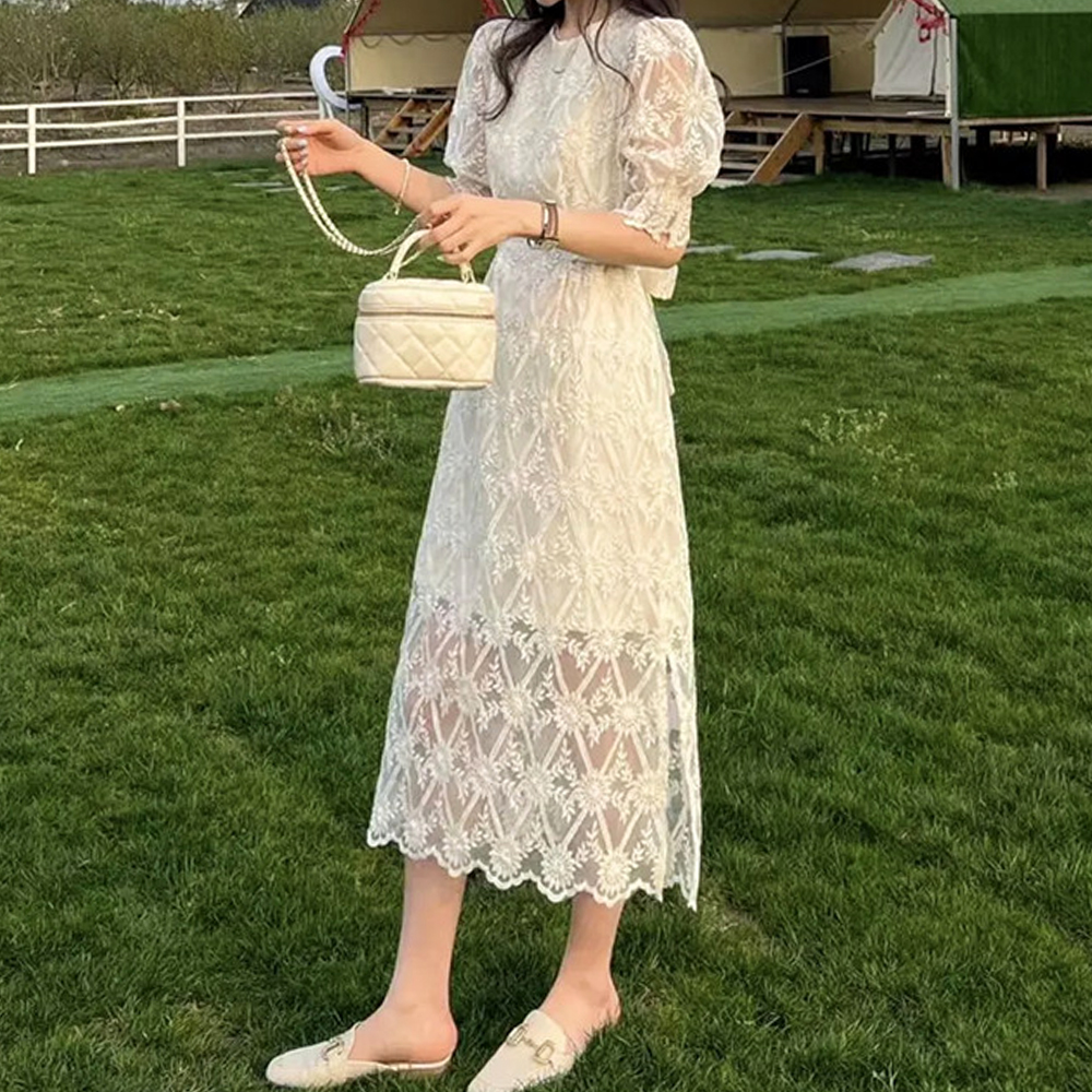 [AB601]베빈 레이스 옆트임 허리끈 롱원피스