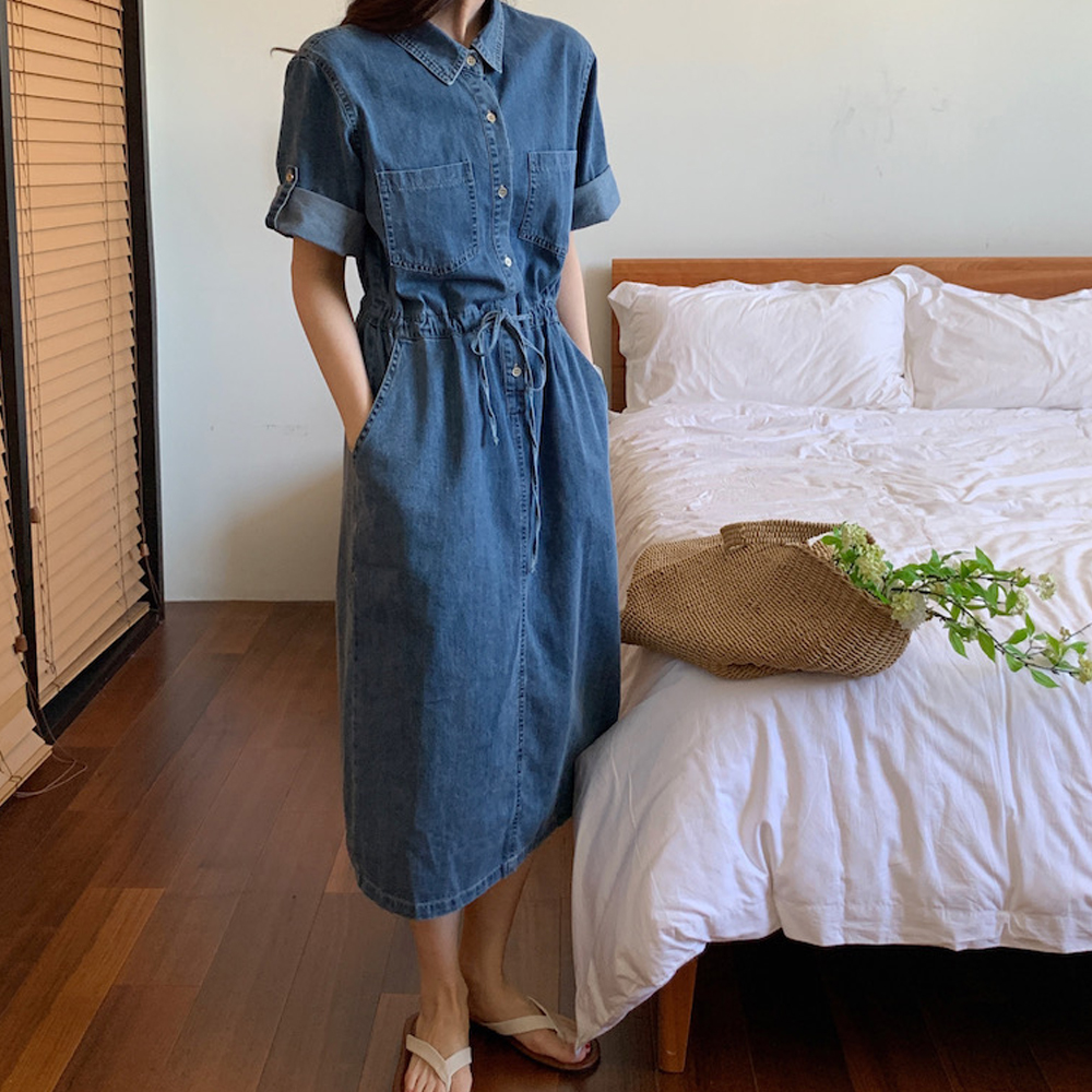 [AB736]오펠 허리끈 데님 롱원피스