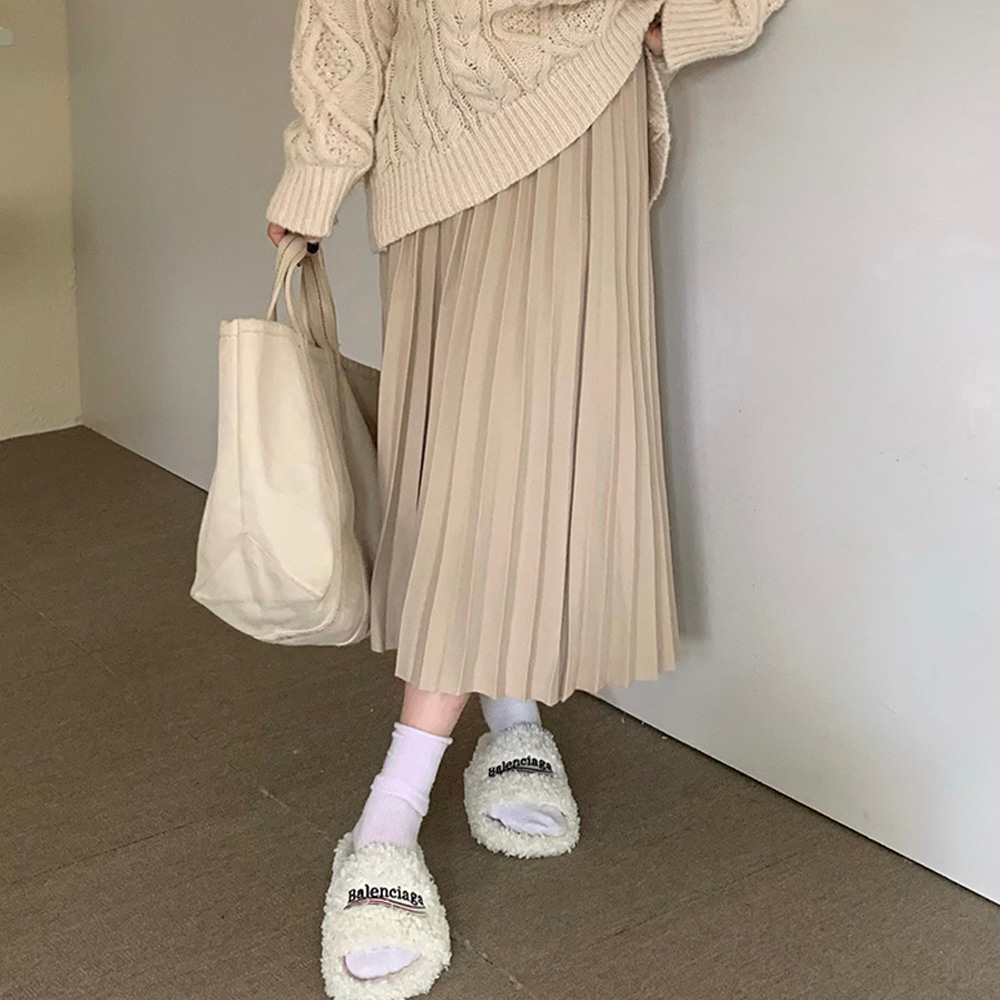 [BC452]설리드 모직 플리츠 밴딩 롱스커트