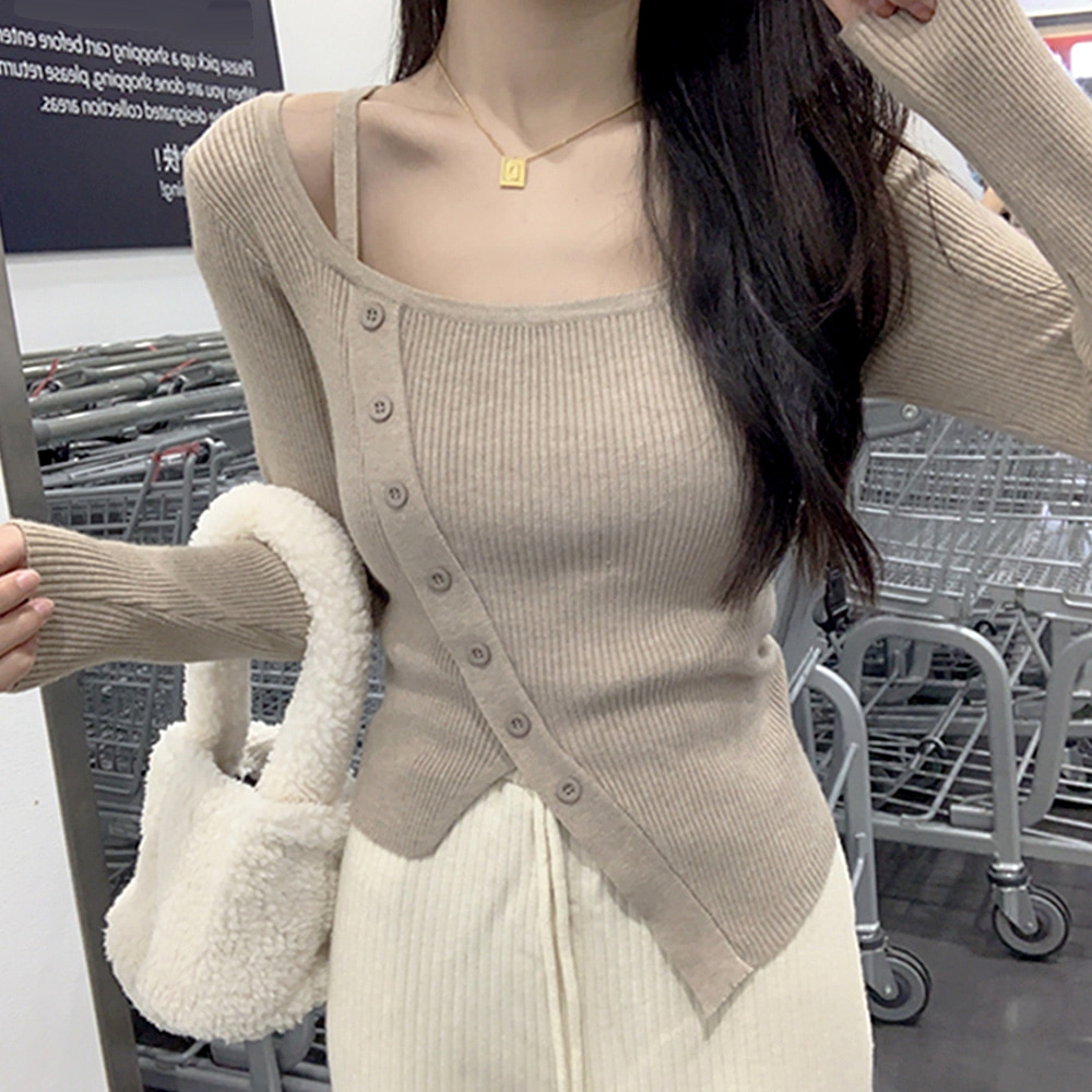 [BC760]더블유 언발 사선버튼 골지 니트 티셔츠