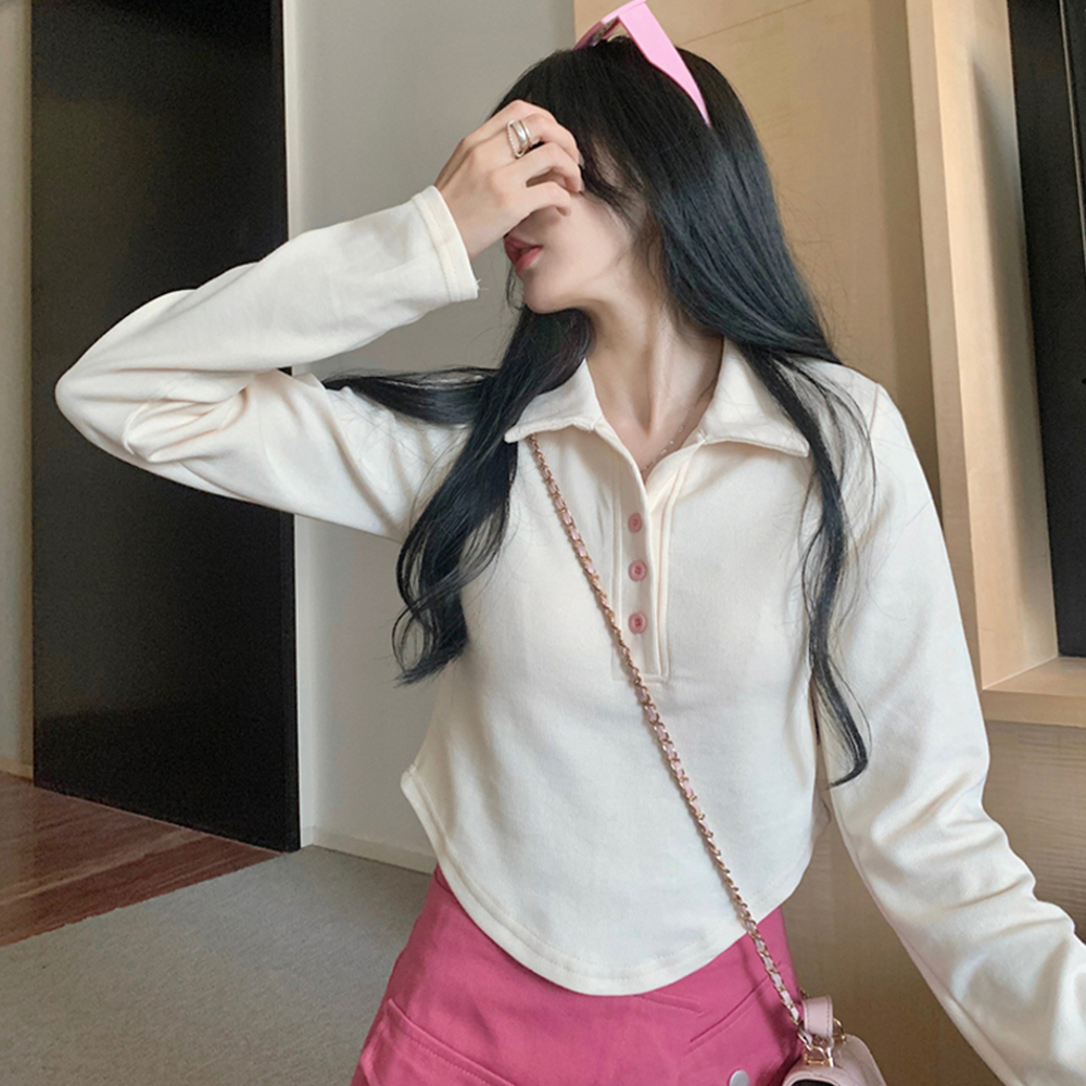 [BC818]핑크 버튼 밑단 라운드 티셔츠