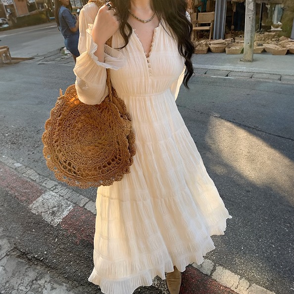 [BC861]레이크 무드 주름 롱 원피스