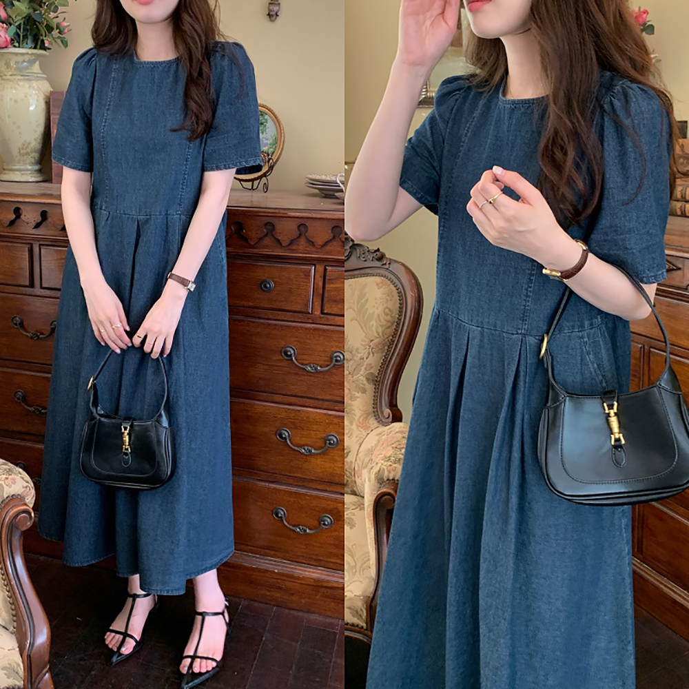 [CD092]백버튼 포인트 데님 롱 원피스