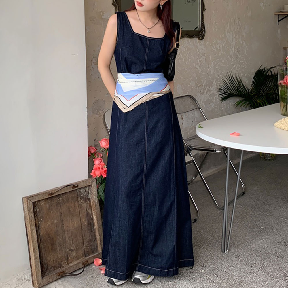 [CD125]롱롱 스퀘어넥 데님 슬리브리스 원피스