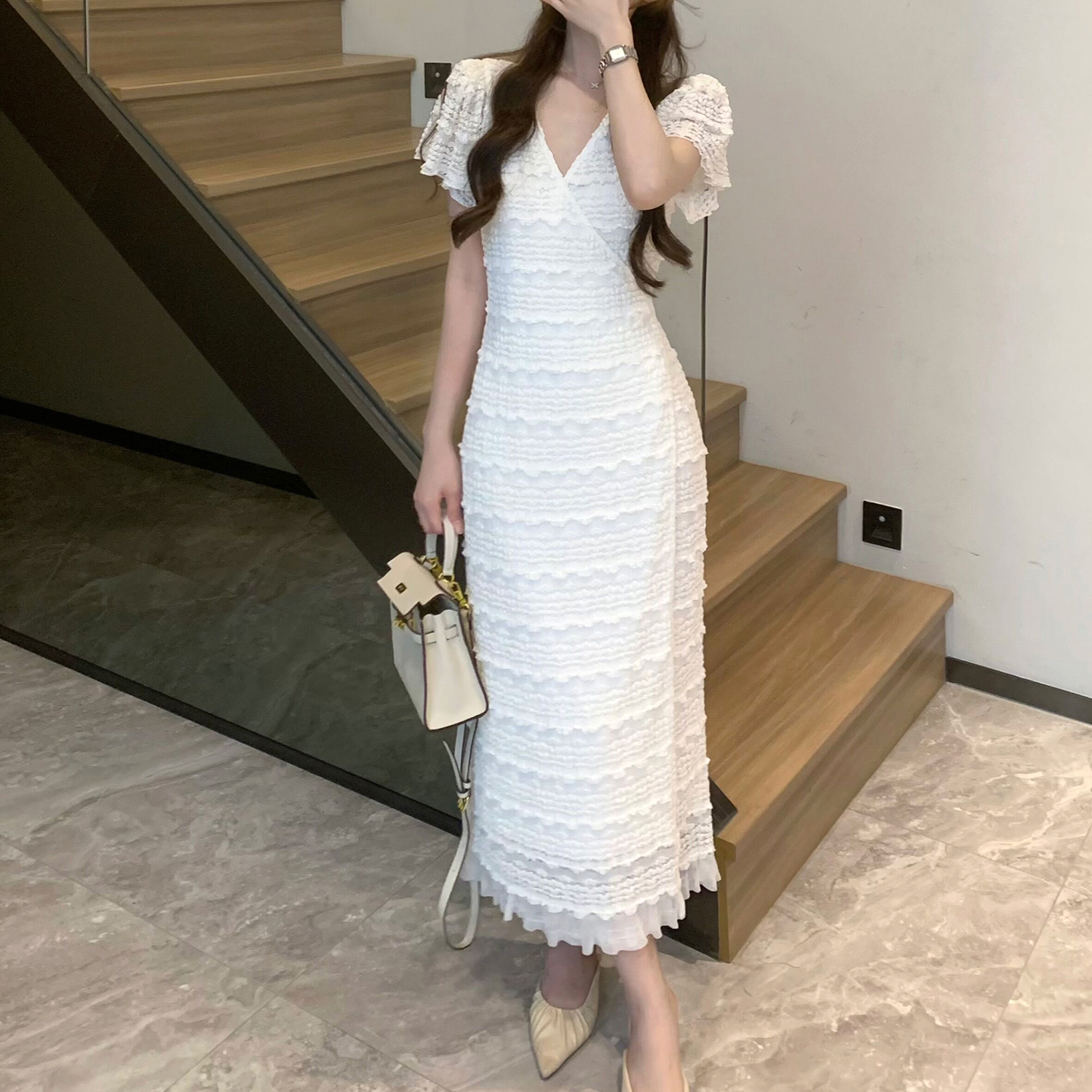 [CD255]레이시 반팔 랩 원피스