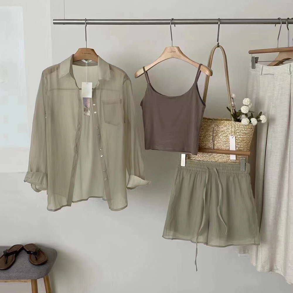 [CD356]시스루 긴팔 셔츠+끈나시+반바지 세트