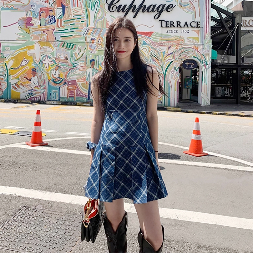 [CD463]체크 플리츠 미니 원피스+헤어밴드set