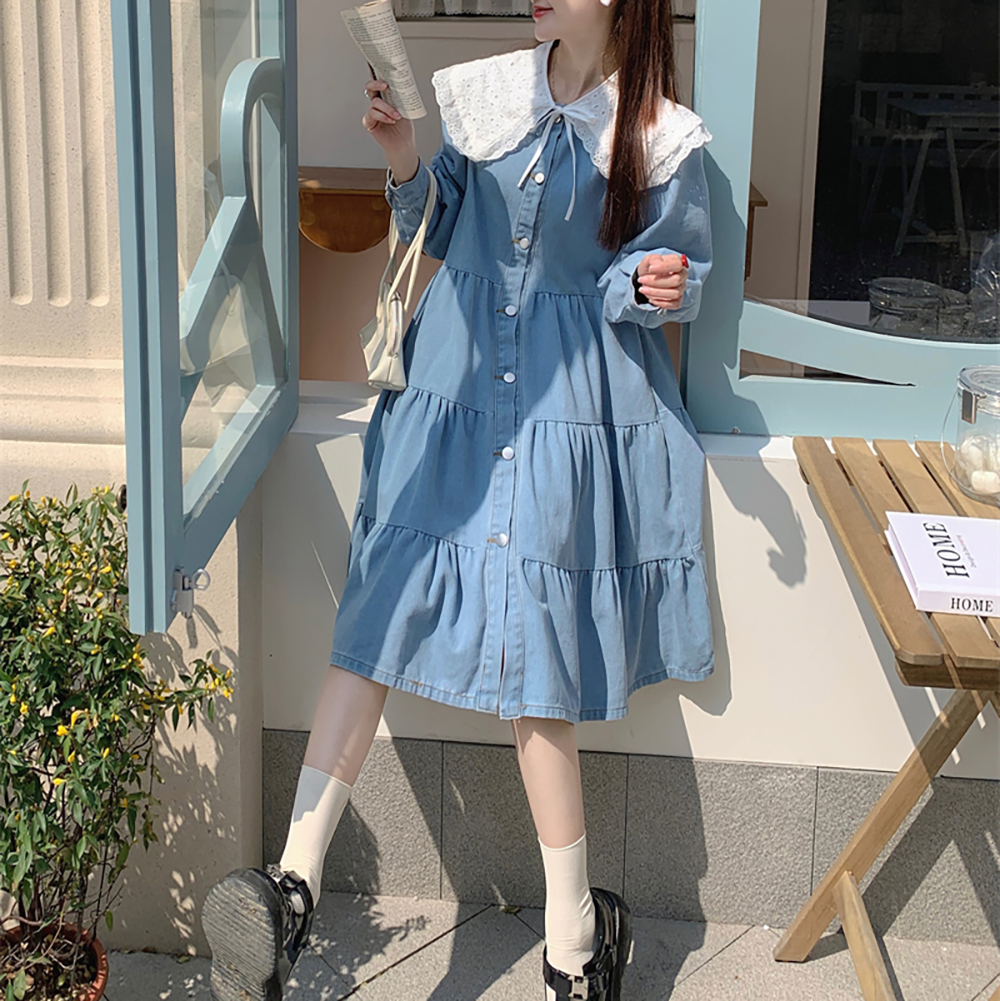 [CD911]안나 루즈핏 데님 원피스+레이스 숄 세트