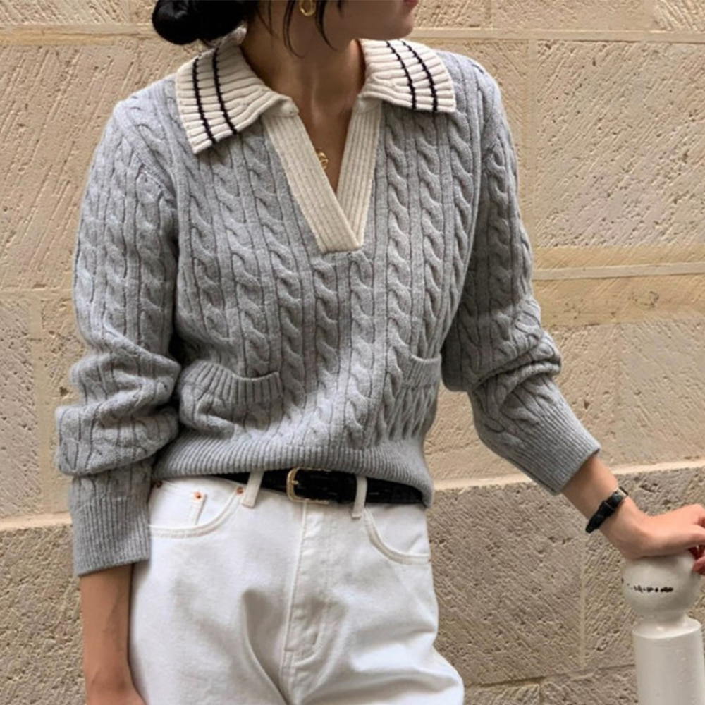 [CD980]소유 꽈배기 카라 니트