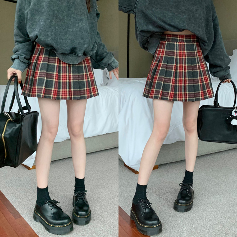 [DE143]비비 타탄체크 모직 플리츠 스커트