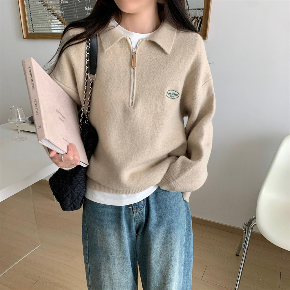 [DE217]스쿨 반집업 자수 니트