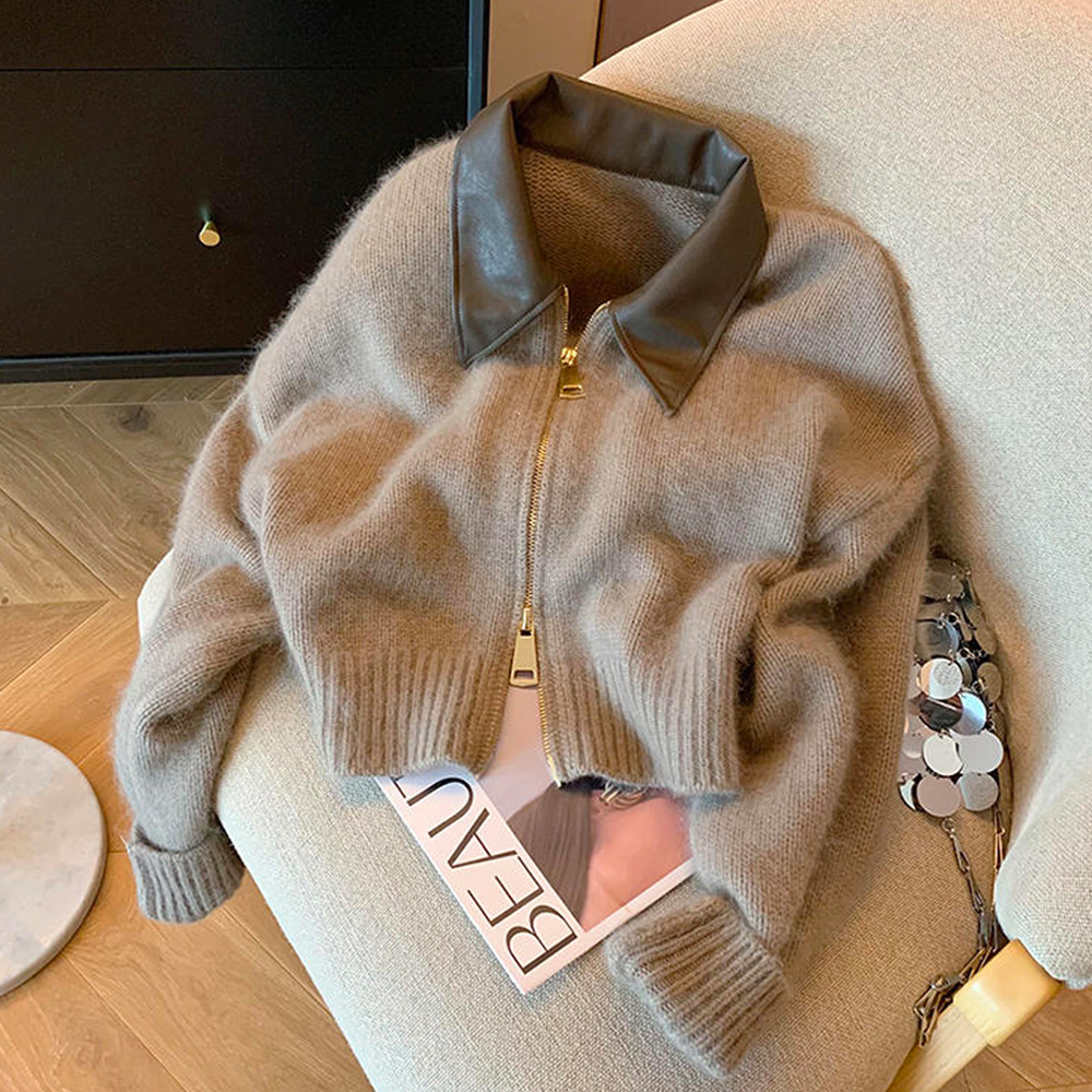 [DE233]라떼 레더카라 니트 가디건