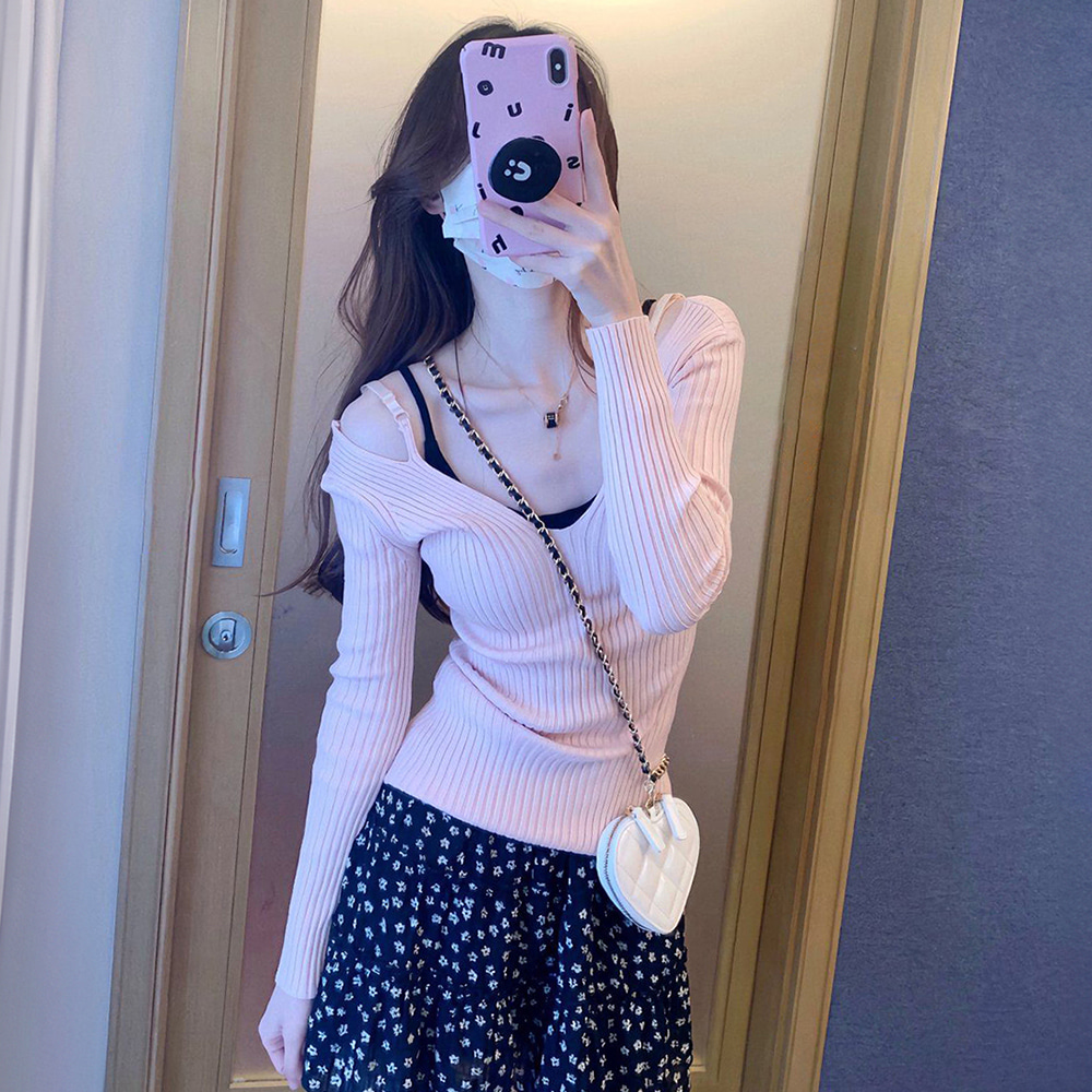 [DE257]튤리 오프숄더 골지 긴팔 티셔츠