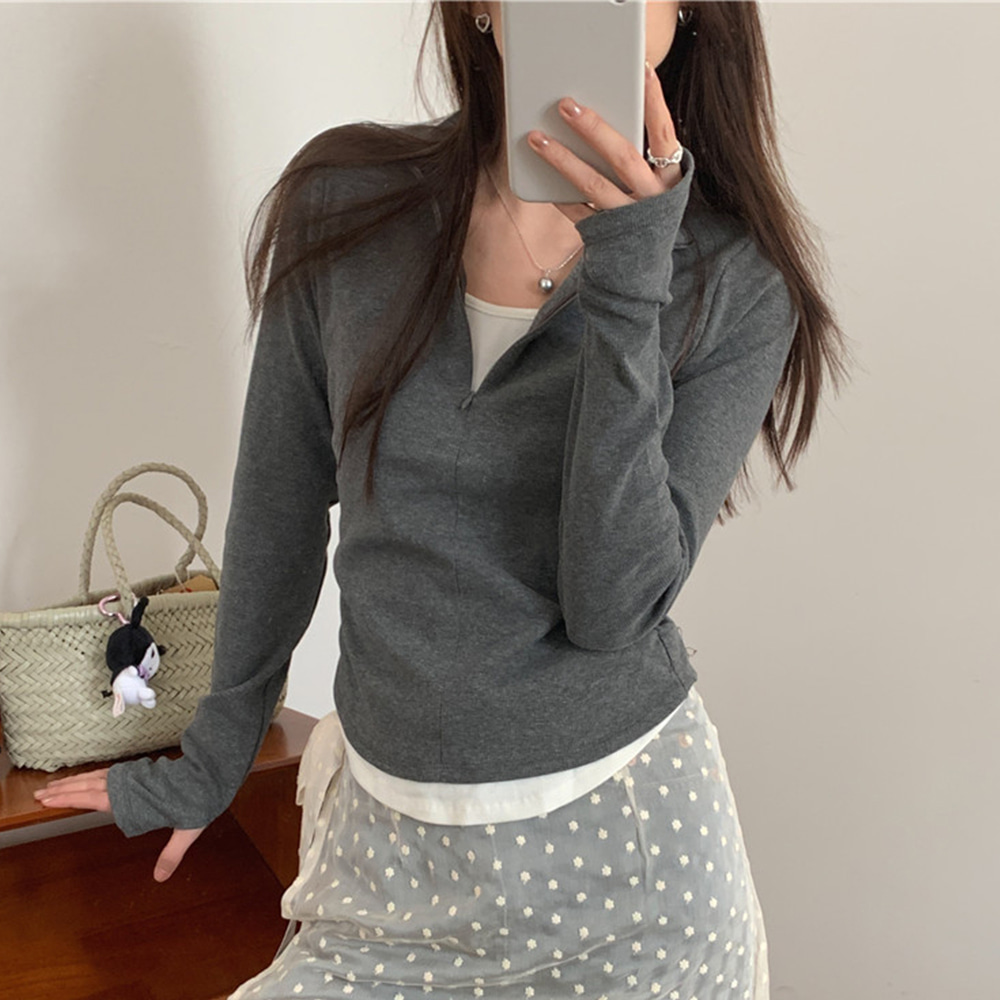 [DE302]페이크 이너 반집업 셔링 티셔츠