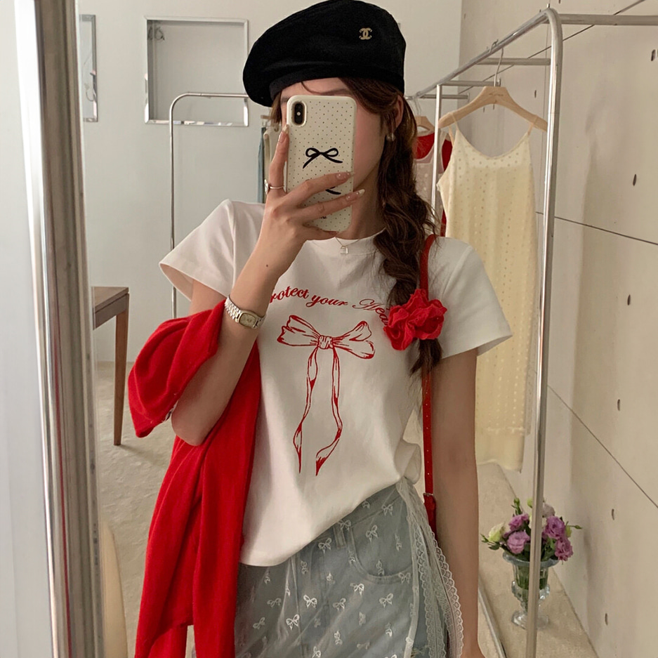 [DE350]리본 보우 프린팅 반팔티셔츠