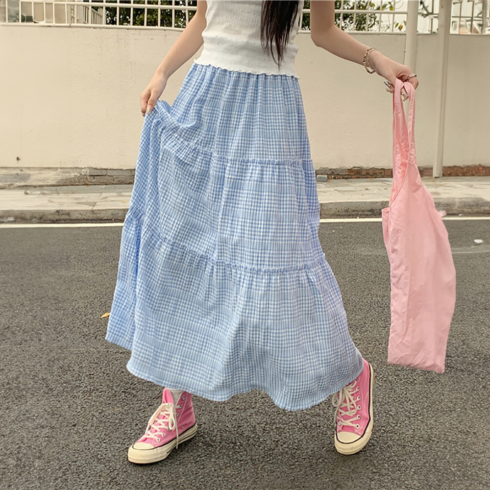 [DE352]블루밍 체크 밴딩 롱스커트