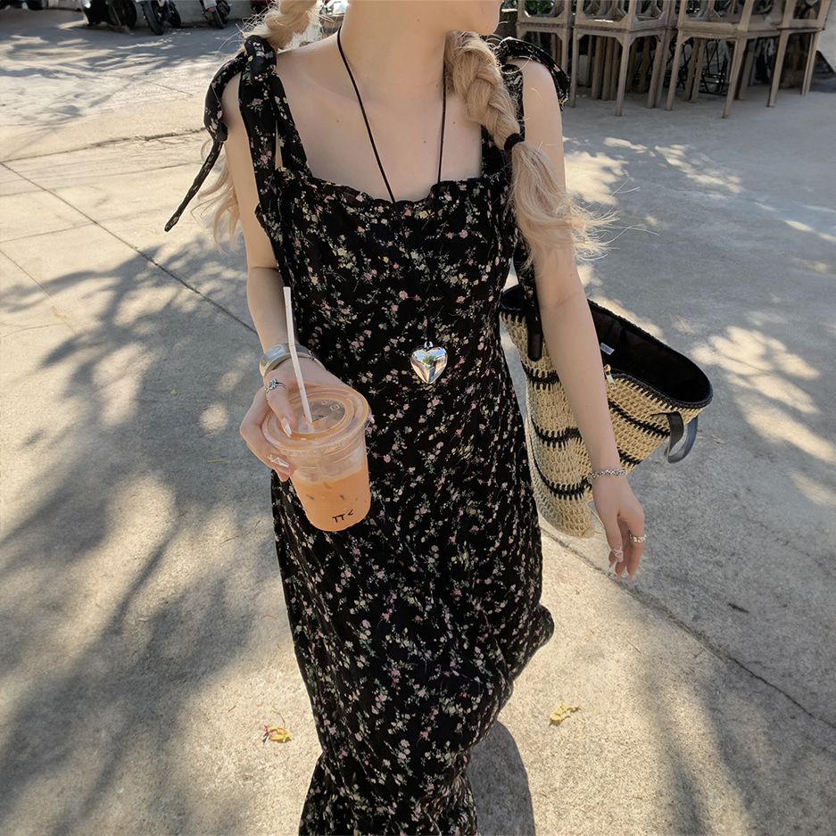 [DE369]숄더 매듭 플라워 롱원피스