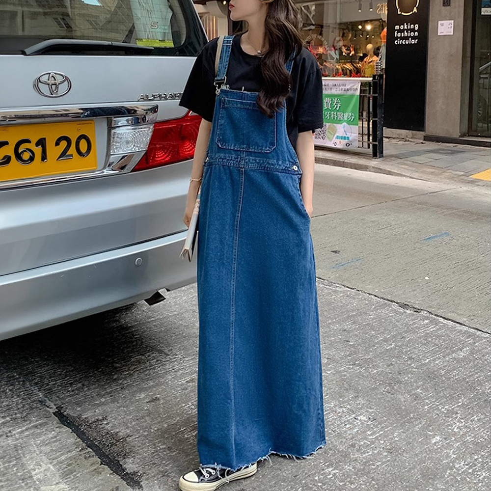 [DE389]피비 데님 멜빵 롱 원피스