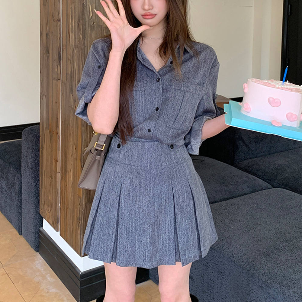 [DE393]트루 셔츠+플리츠 스커트 세트