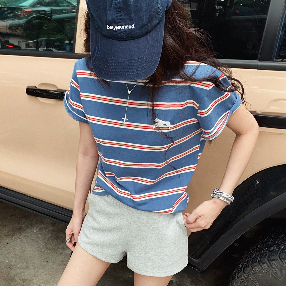 [DE491]진스 배색 단가라 반팔티셔츠