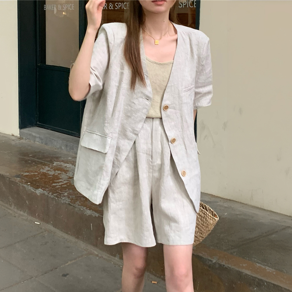 [DE503]린넨 자켓+팬츠 투피스세트