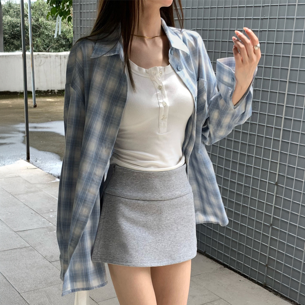 [DE591]샤벳 블루 체크 루즈핏 썬셔츠