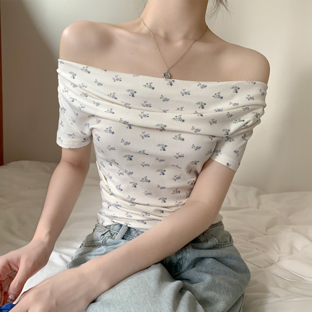 [DE611]잔잔 플라워패턴 오프숄더 반팔티셔츠