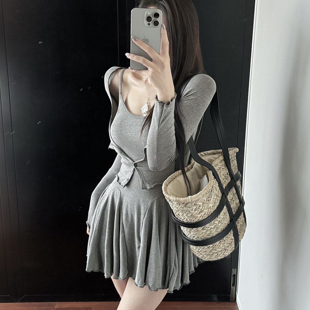 [DE624]엘씨 플리츠 미니원피스+가디건세트