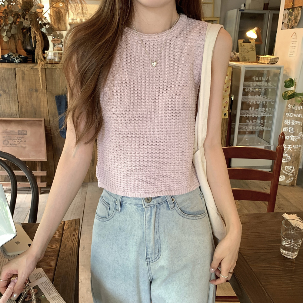 [DE630]폰즈 와플 크롭 민소매 니트