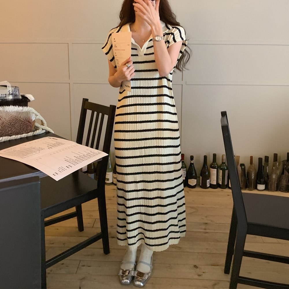 [DE633]텐젠 스트라이프 카라 니트 원피스