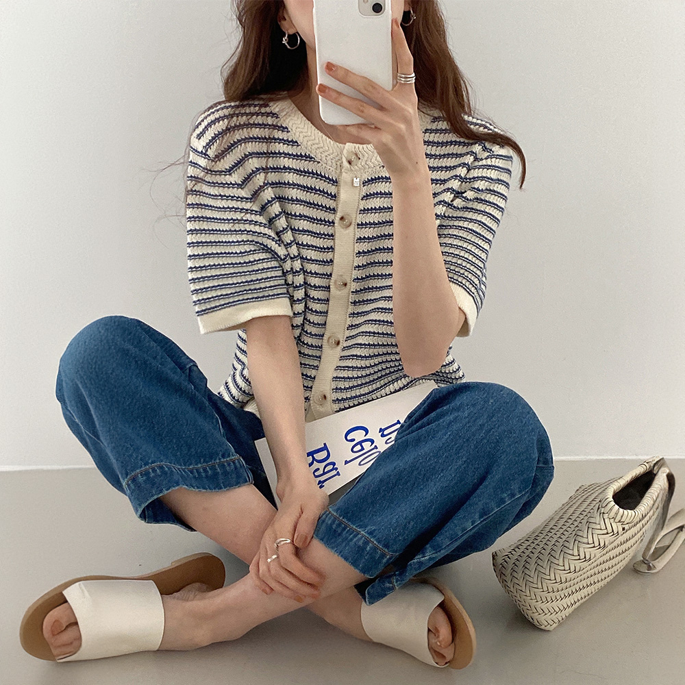 [DE637]밀란 스트라이프 반팔 가디건