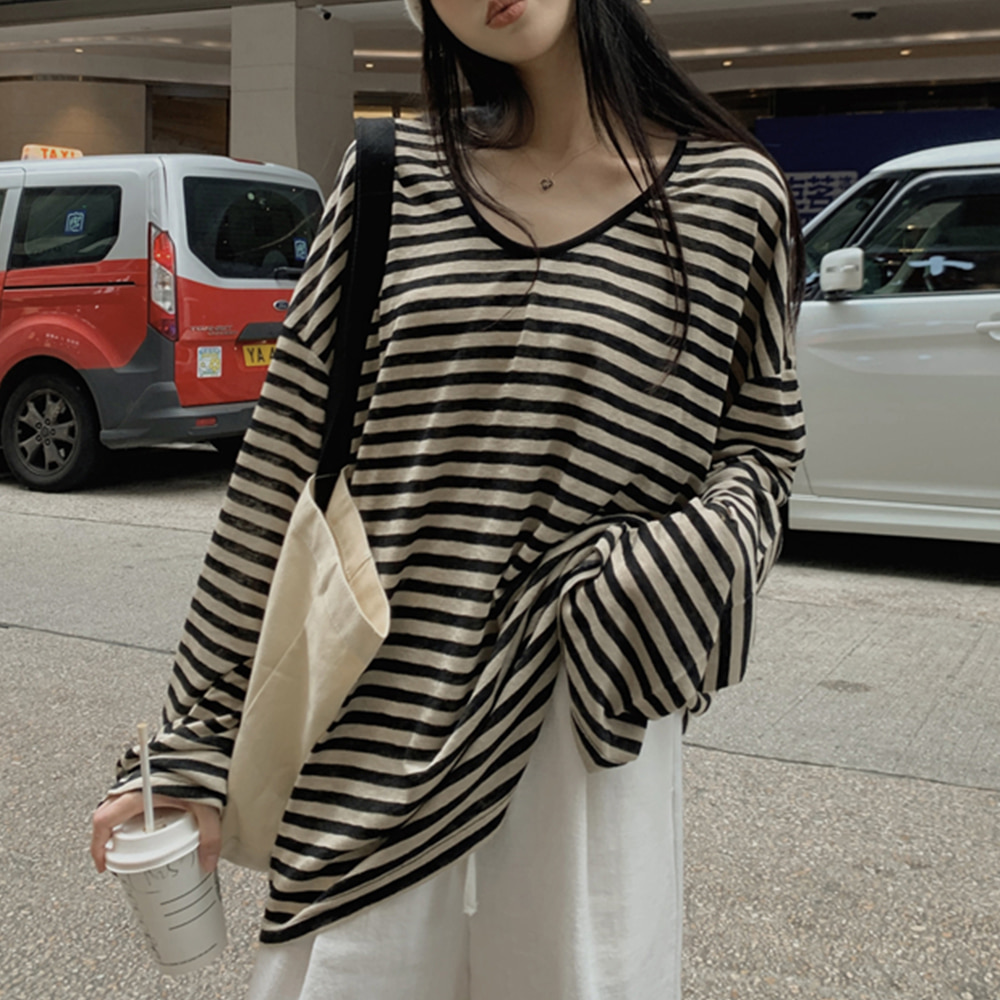 [DE668]로로 루즈핏 스트라이프 긴팔티셔츠