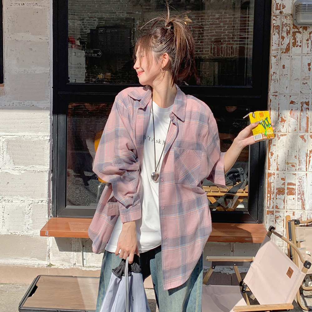[DE696]타운 핑크 루즈핏 체크셔츠
