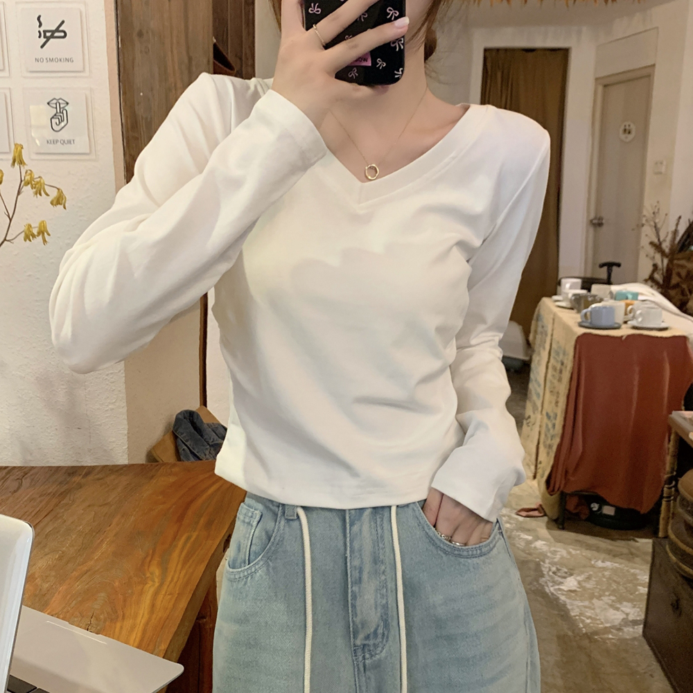 [DE761]피즈 브이넥 세미크롭 긴팔티셔츠