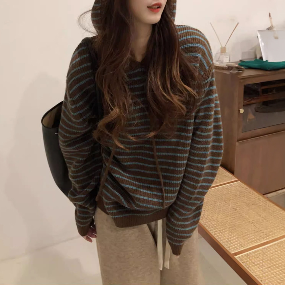 [DE813]케일라 스트라이프 후드 니트