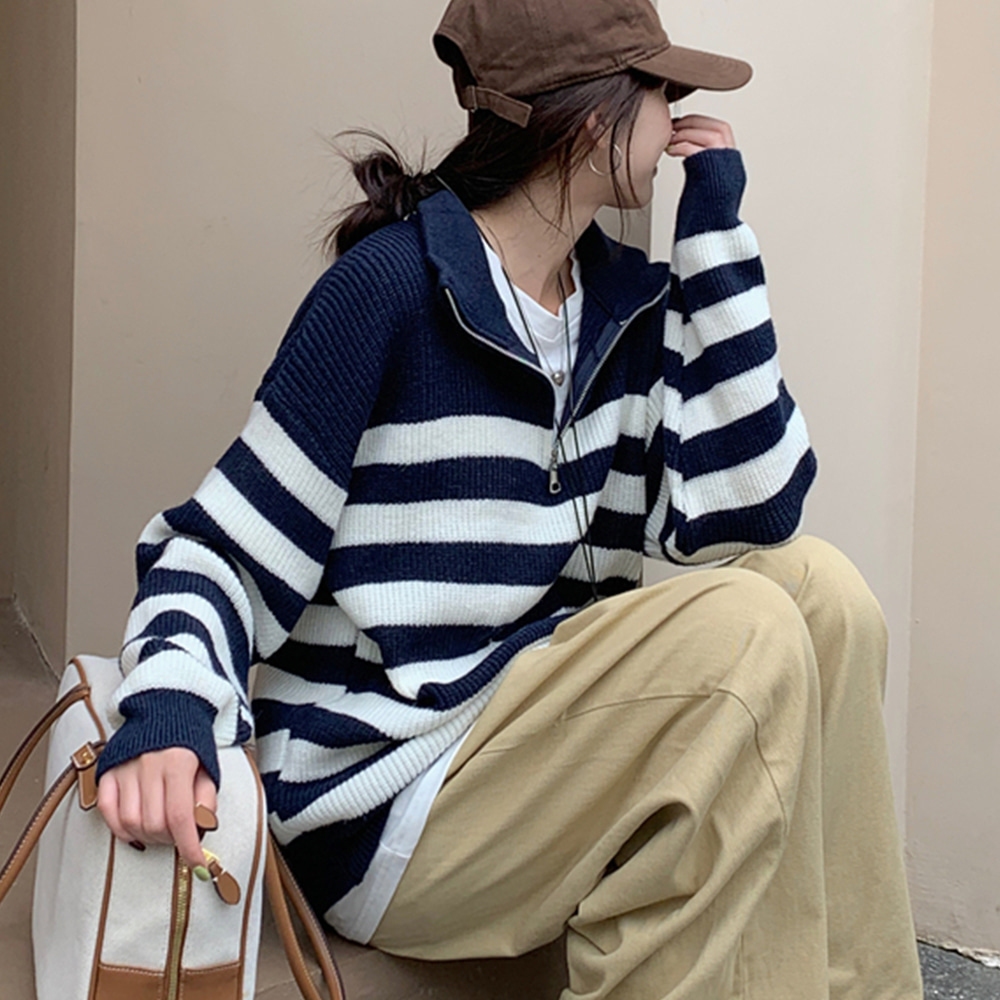 [DE839]럭키 스트라이프 반집업 니트