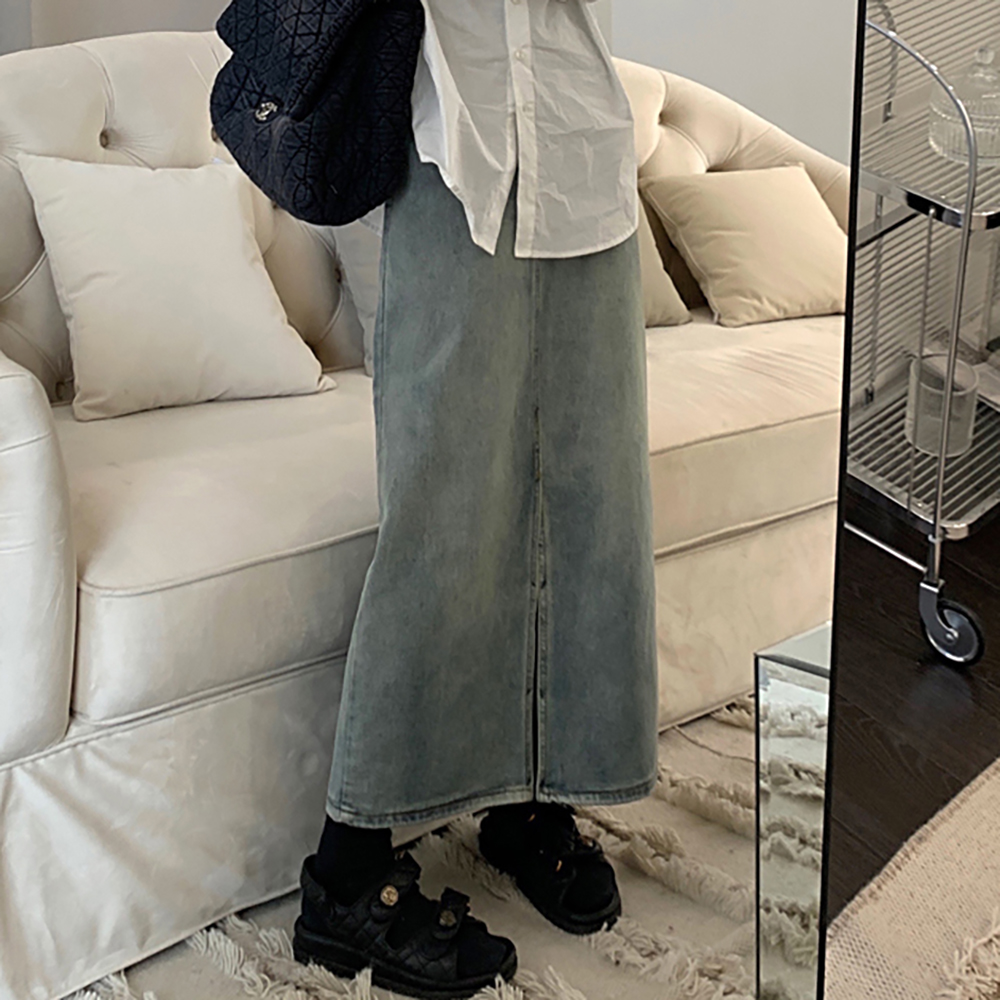 [DE955]빈티지 워싱 트임 롱데님스커트