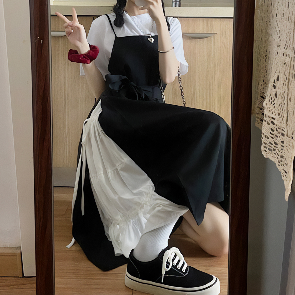 [AB455]미셀 반팔 티셔츠+뷔스티에 롱 원피스 세트