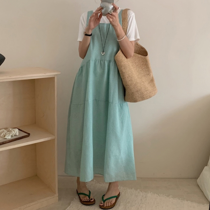 [EF047]세라핀 티셔츠+체크 롱원피스 세트