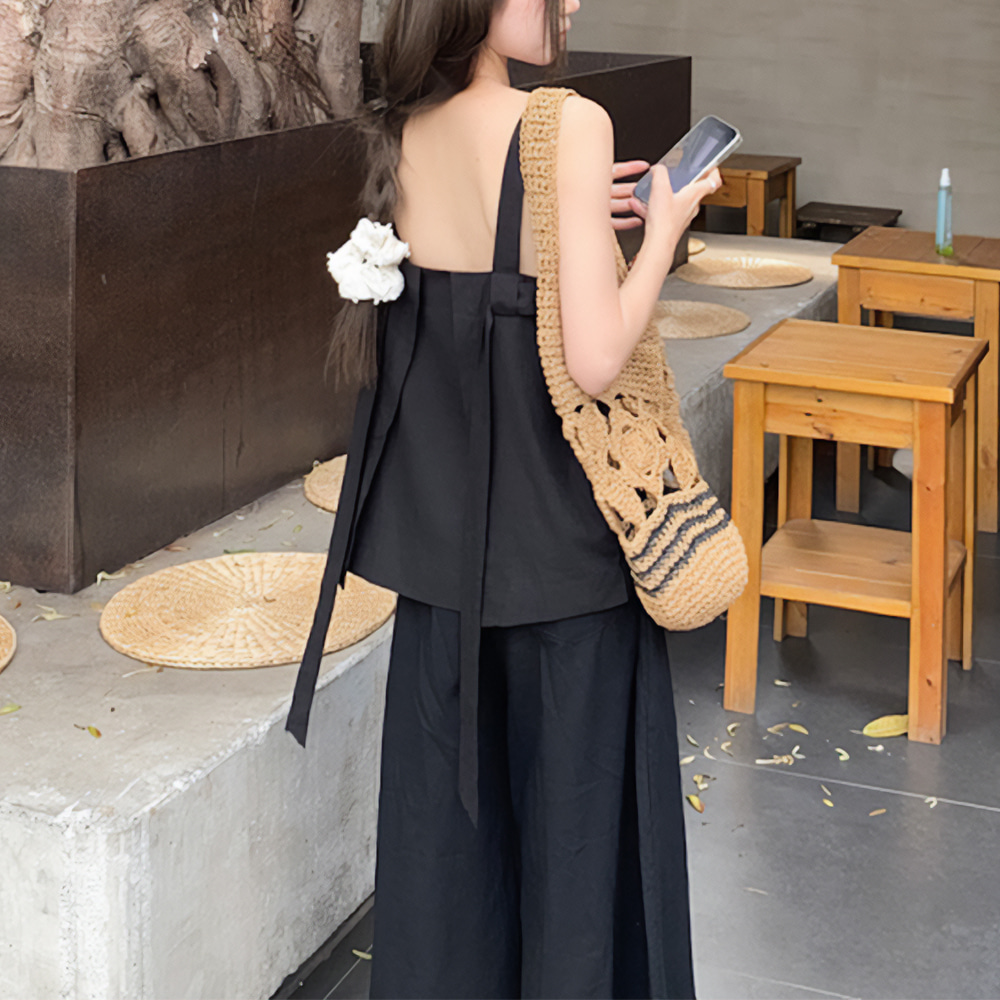 [EF126]스트랩 블라우스+팬츠 투피스세트