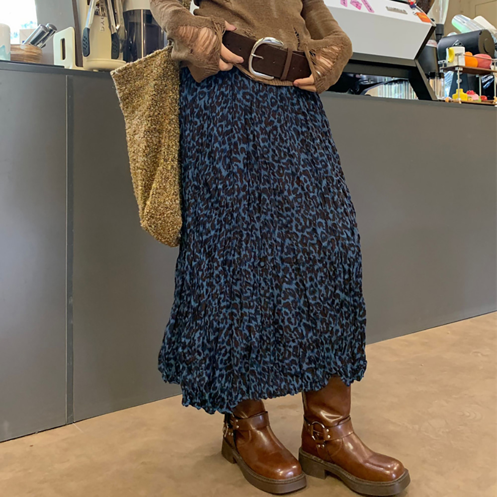 [EF155]블루 레오파드 주름스커트