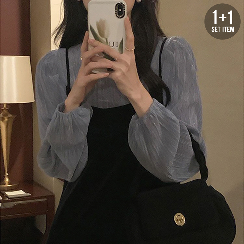 [EF196] 리버 블라우스+벨벳 원피스 세트