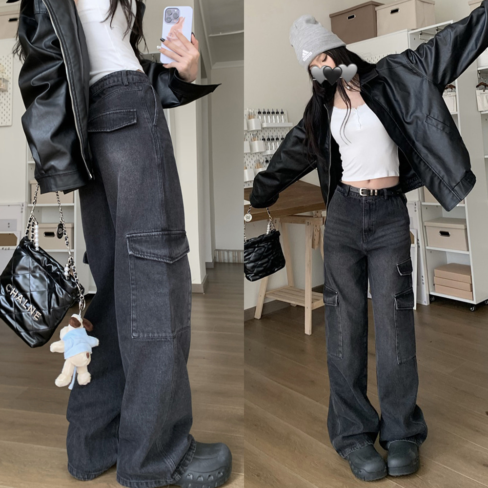 [EF200]더스티 포켓 흑청 와이드팬츠