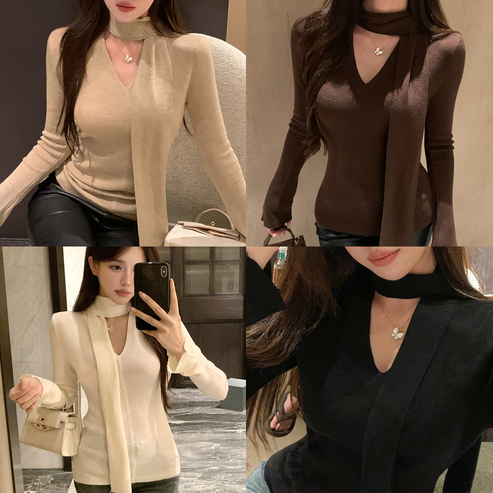 [EF201]릴리 스카프 세트 브이넥 니트