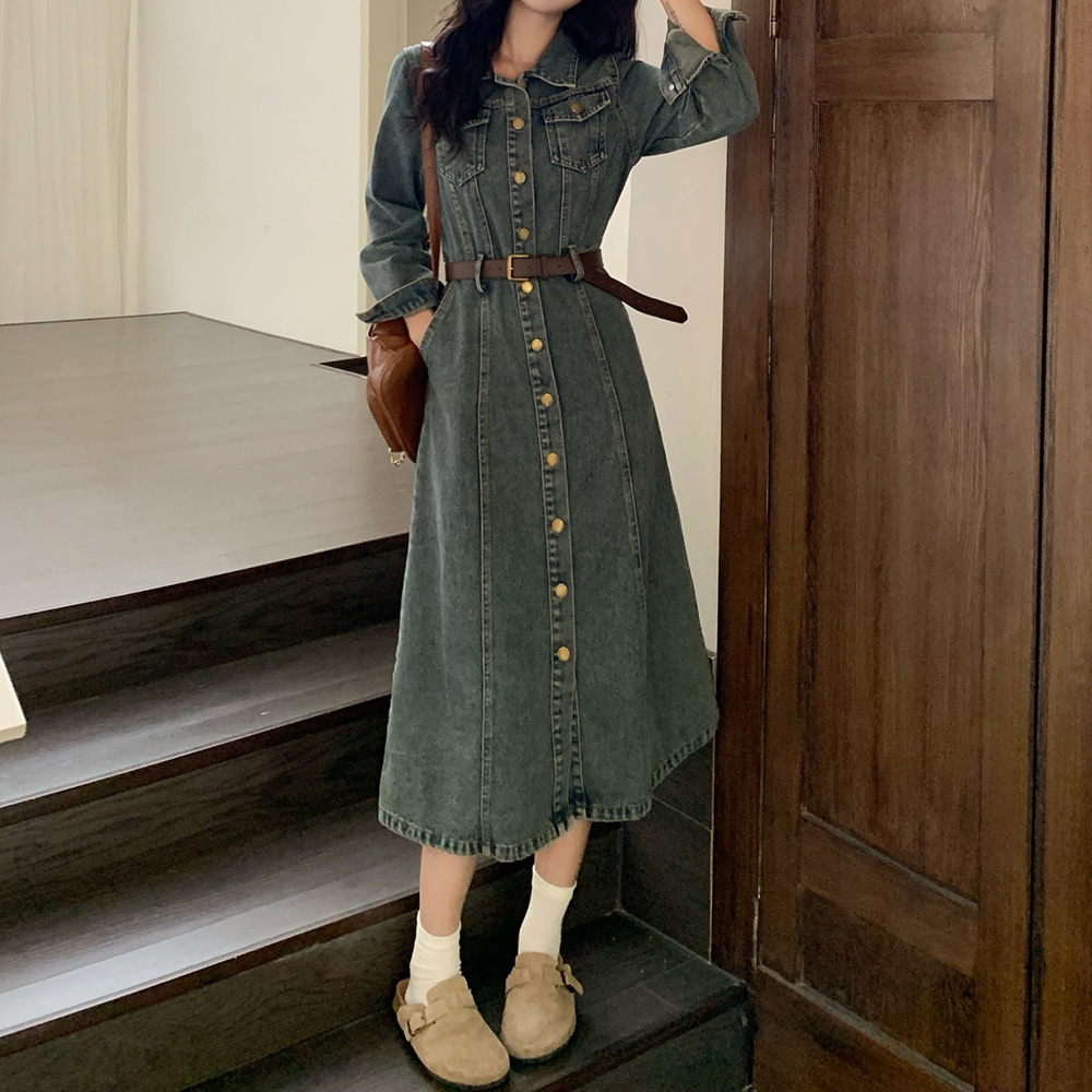 [EF230]제인 벨트 세트 데님 롱원피스