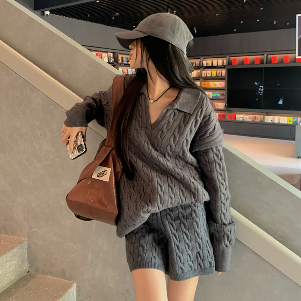 [EF234]리오 꽈배기 카라 니트+반바지 세트